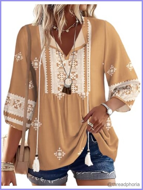 Tops - Boho Tunic Top 3/4 Lantern Sleeve Pleated V-Neck Tie Front Blouse